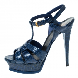 مملوكة مسبقًا Saint Laurent Paris Blue Crocodile Embossed Leather Tribute Platform Sandals Size 38.5