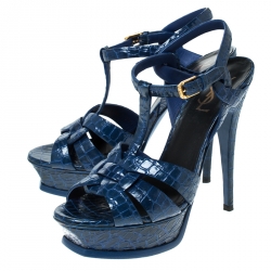 مملوكة مسبقًا Saint Laurent Paris Blue Crocodile Embossed Leather Tribute Platform Sandals Size 38.5