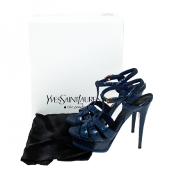 مملوكة مسبقًا Saint Laurent Paris Blue Crocodile Embossed Leather Tribute Platform Sandals Size 38.5