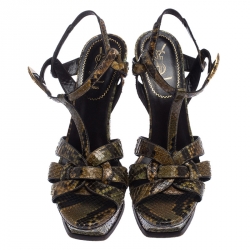 Pre Owned Saint Laurent Paris Green/Black Python Ornament Tribute Platform Sandals Size 38