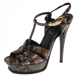 Pre Owned Saint Laurent Paris Green/Black Python Ornament Tribute Platform Sandals Size 38