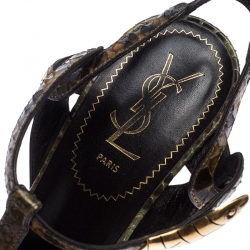 Pre Owned Saint Laurent Paris Green/Black Python Ornament Tribute Platform Sandals Size 38