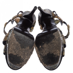 Pre Owned Saint Laurent Paris Green/Black Python Ornament Tribute Platform Sandals Size 38