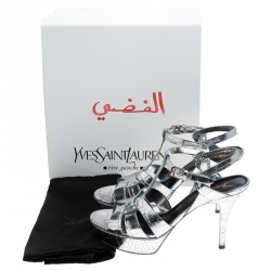 Pre Owned Saint Laurent Paris Metallic Silver Croc Embossed Leather Tribute Ankle Strap Sandals Size 39