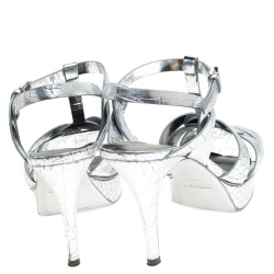 Pre Owned Saint Laurent Paris Metallic Silver Croc Embossed Leather Tribute Ankle Strap Sandals Size 39