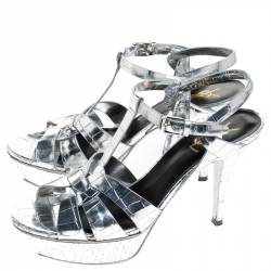 Pre Owned Saint Laurent Paris Metallic Silver Croc Embossed Leather Tribute Ankle Strap Sandals Size 39