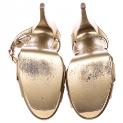 Pre Owned صندل سان لوران باريس تريبوت نعل سميك سير كاحل جلد ذهبي مي تاليك مقاس 37