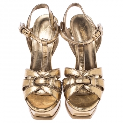 Pre Owned صندل سان لوران باريس تريبوت نعل سميك سير كاحل جلد ذهبي ميتاليك مقاس 37