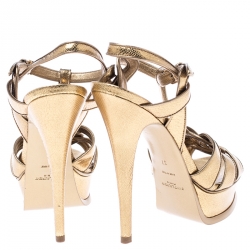 Pre Owned صندل سان لوران باريس تريبوت نعل سميك سير كاحل جلد ذهبي ميتاليك مقاس 37