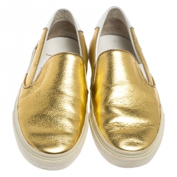  Saint Laurent Metallic Gold Leather Slip On Loafers Size 36