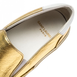  Saint Laurent Metallic Gold Leather Slip On Loafers Size 36