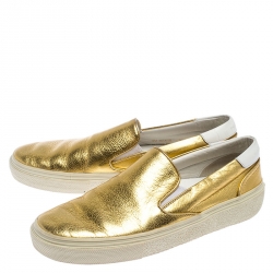  Saint Laurent Metallic Gold Leather Slip On Loafers Size 36