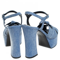 مملوكة مسبقًا Saint Laurent Blue Denim Fabric Candy Bow Platform Sandals Size 38.5