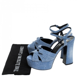 مملوكة مسبقًا Saint Laurent Blue Denim Fabric Candy Bow Platform Sandals Size 38.5