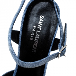 مملوكة مسبقًا Saint Laurent Blue Denim Fabric Candy Bow Platform Sandals Size 38.5