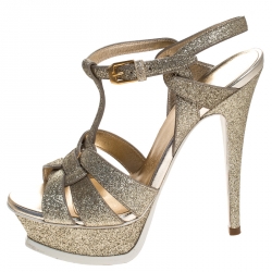 Pre Owned Saint Laurent Paris Metallic Gold Glitter Leather Tribute Platform Sandals Size 35.5