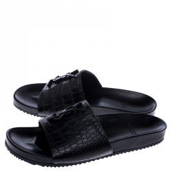 مملوكة مسبقًا صندل  سلايد فلات سان لوران باريس جوان جلد تمساح أسود مقاس 37.5