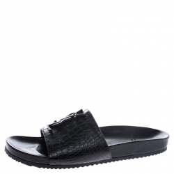 مملوكة مسبقًا صندل سلايد فلات سان لوران باريس جوان جلد تمساح أسود مقاس 37.5