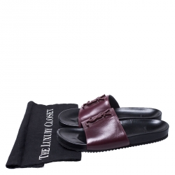 Saint Laurent Paris Burgundy/Black Leather Joan Flat Slides Size 37