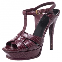 Pre Owned صندل سان لوران باريس تريبوت نعل سميك جلد تمساح بارز عنابي مقاس 37