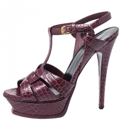 Pre Owned صندل سان لوران باريس تريبوت نعل سميك جلد تمساح بارز عنابي مقاس 37