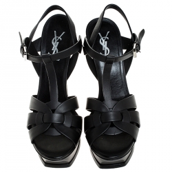 Pre Owned Saint Laurent Black Leather Tribute Platform Sandals Size 38