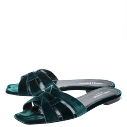 مملوكة مسبقًا صندل سلايد سان لوران باريس فلات تريبوت قطيفة أخضر مقاس 39