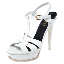 Pre Owned Saint Laurent Paris White Textured Leather Tribute Platform Sandals Size 38.5