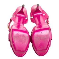 Pre Owned Saint Laurent Pink Croc Embossed Leather Tribute Platform Ankle Strap Sandals Size 41