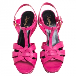 Pre Owned Saint Laurent Pink Croc Embossed Leather Tribute Platform Ankle Strap Sandals Size 41