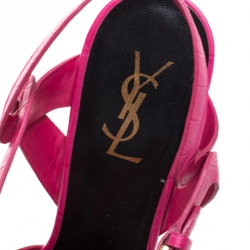 Pre Owned Saint Laurent Pink Croc Embossed Leather Tribute Platform Ankle Strap Sandals Size 41