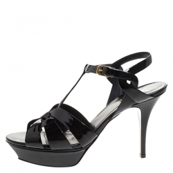 Pre Owned Saint Laurent Paris Black Patent Leather Tribute Platform Sandals Size 42