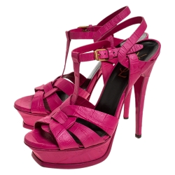 Pre Owned صندل سان لوران باريس نعل سميك Tribute جلد نقش تمساح وردي مقاس 37