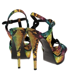 Pre Owned Saint Laurent Paris Rainbow Python Embossed Leather Tribute Platform Ankle Strap Sandals Size 39