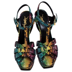 Pre Owned Saint Laurent Paris Rainbow Python Embossed Leather Tribute Platform Ankle Strap Sandals Size 39