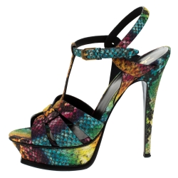 Pre Owned Saint Laurent Paris Rainbow Python Embossed Leather Tribute Platform Ankle Strap Sandals Size 39