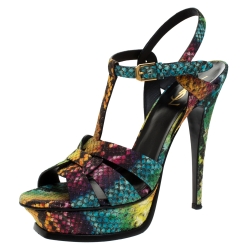 Pre Owned Saint Laurent Paris Rainbow Python Embossed Leather Tribute Platform Ankle Strap Sandals Size 39