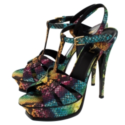 Pre Owned Saint Laurent Paris Rainbow Python Embossed Leather Tribute Platform Ankle Strap Sandals Size 39
