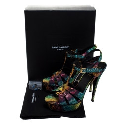Pre Owned Saint Laurent Paris Rainbow Python Embossed Leather Tribute Platform Ankle Strap Sandals Size 39