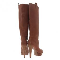 Pre Owned بوت ركبة سانت لوران باريس كعب أمامي جلد بني مقاس 41