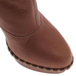 Pre Owned بوت ركبة سانت لوران باريس كعب أمامي جلد بني مقاس 41