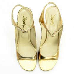 Pre Owned Saint Laurent Paris Gold Metallic Leather Ankle Strap Sandals Size 40