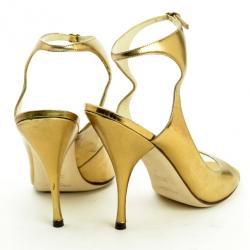 Pre Owned Saint Laurent Paris Gold Metallic Leather Ankle Strap Sandals Size 40