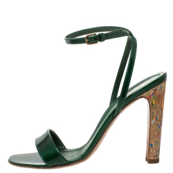 مملوكة مسبقًا Saint Laurent Paris Green Patent Leather Multicolor Cork Heels Ankle Strap Sandals Size 40