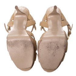 Pre Owned Saint Laurent Cream Croc Embossed Leather Tribute Platform Sandals Size 38
