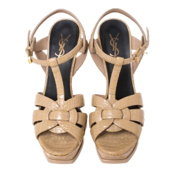 Pre Owned Saint Laurent Cream Croc Embossed Leather Tribute Platform Sandals Size 38