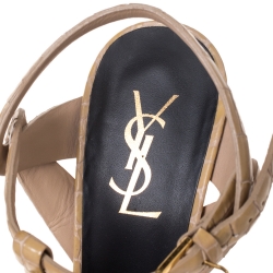Pre Owned Saint Laurent Cream Croc Embossed Leather Tribute Platform Sandals Size 38