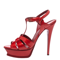 Pre Owned Saint Laurent Paris Red Textured Patent Leather Tribute Platform Sandals Size 38