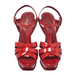 Pre Owned Saint Laurent Paris Red Textured Patent Leather Tribute Platform Sandals Size 38