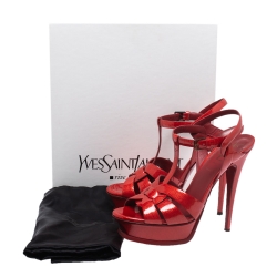 Pre Owned Saint Laurent Paris Red Textured Patent Leather Tribute Platform Sandals Size 38